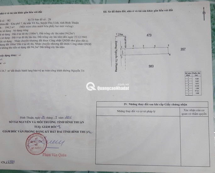 Bán đất mặt tiền huyện Đức Linh  Nguyễn Tri Phương có 100m2 ODT